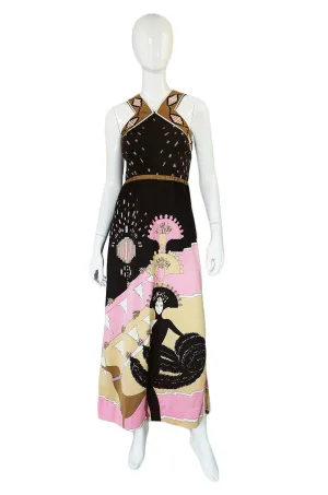 1970s Pink Printed Halter Paganne Dress