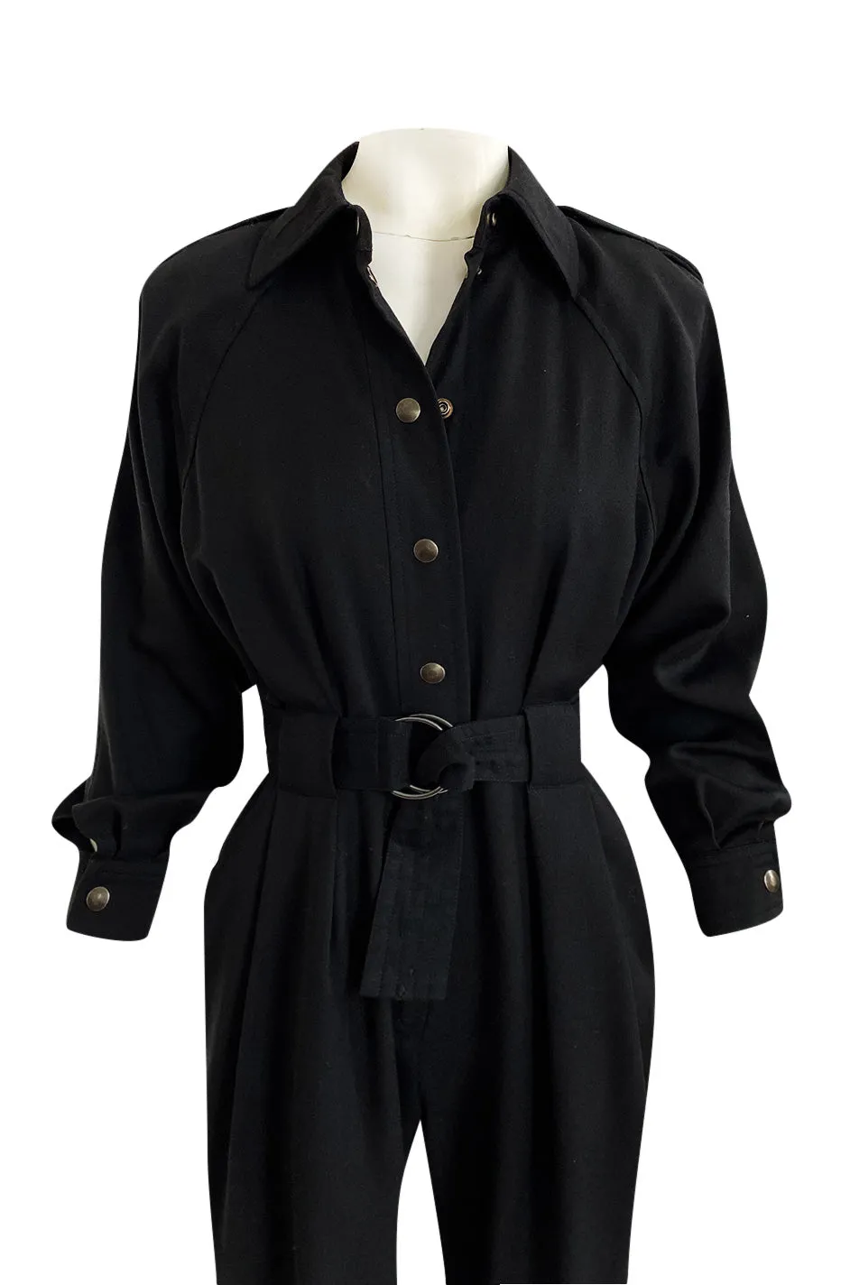 1980s Yves Saint Laurent Black Snap Front Flight Jumpsuit w Slip Belt