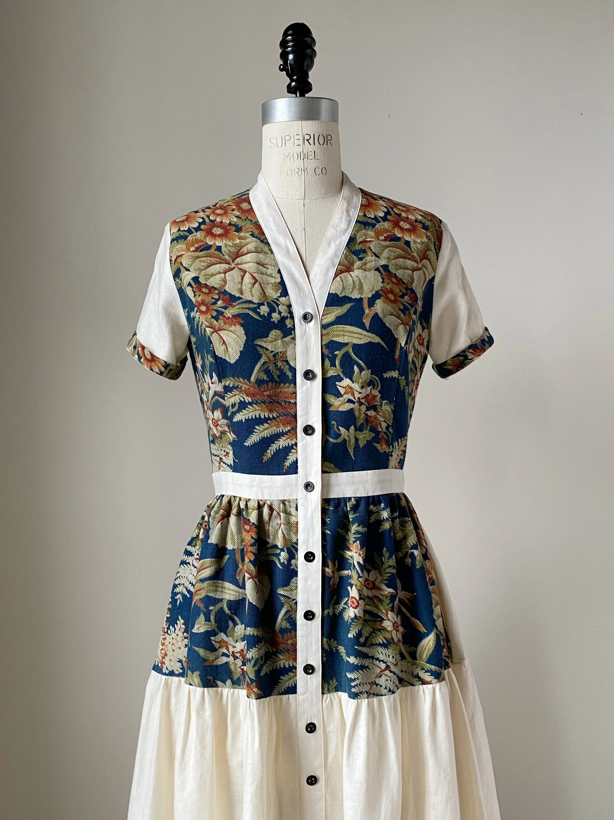 19th century blue botanical patched tiered dress xs,s,m,l