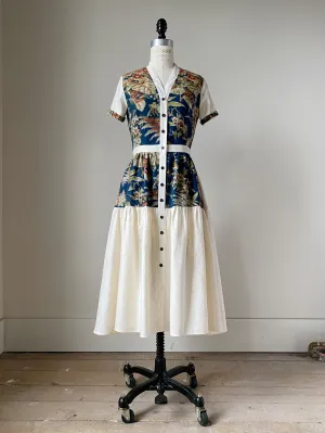 19th century blue botanical patched tiered dress xs,s,m,l