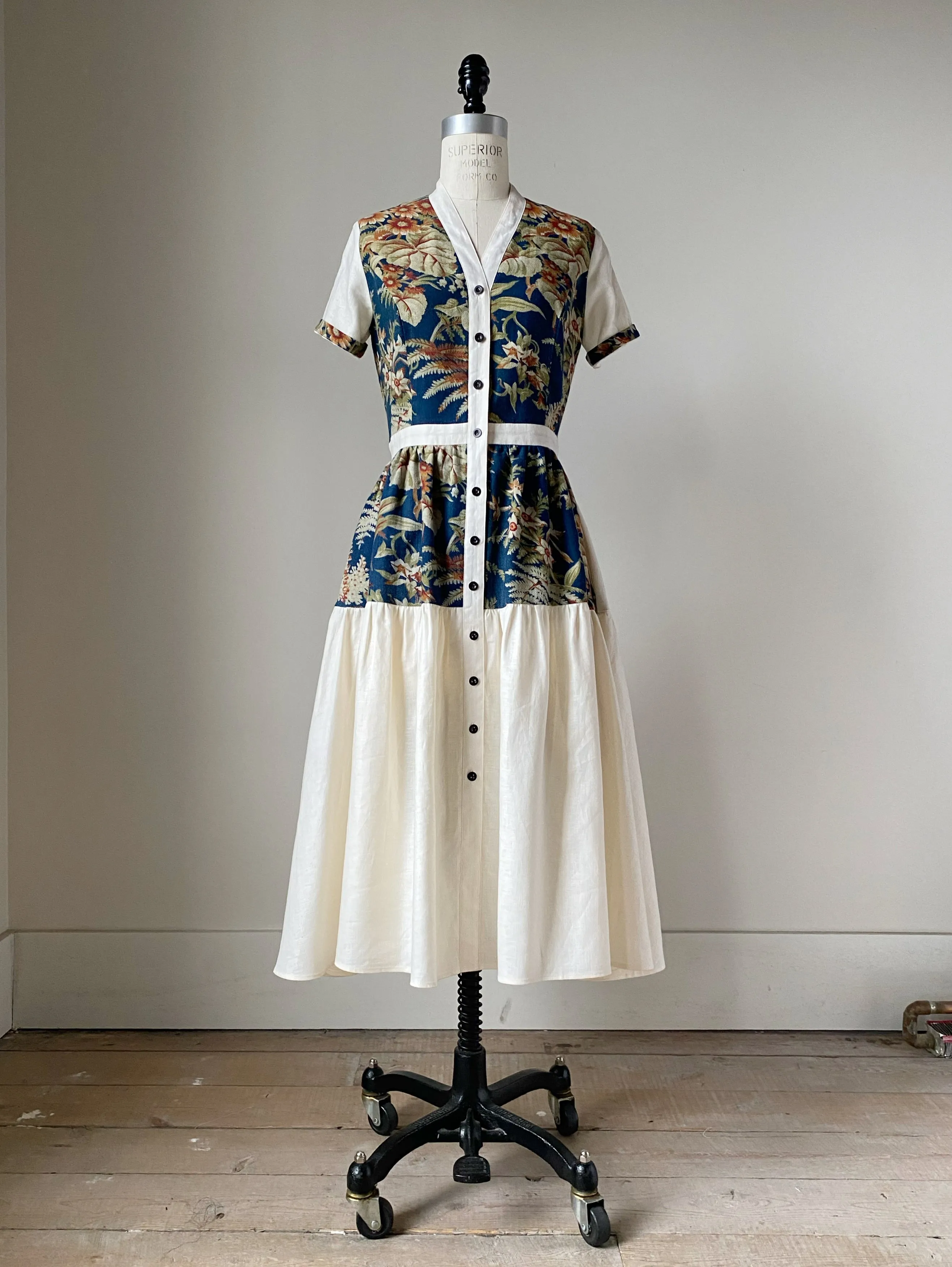 19th century blue botanical patched tiered dress xs,s,m,l