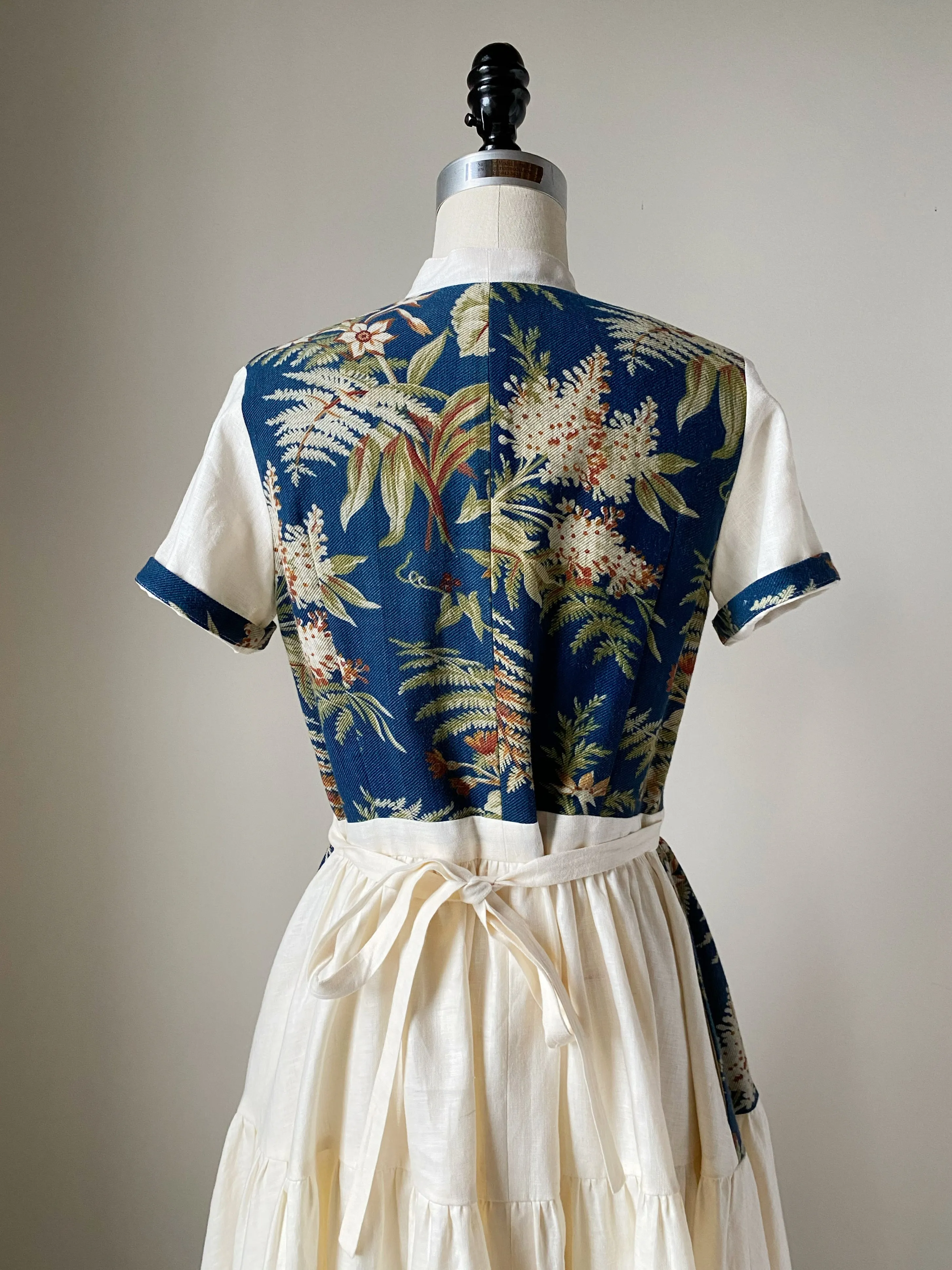 19th century blue botanical patched tiered dress xs,s,m,l