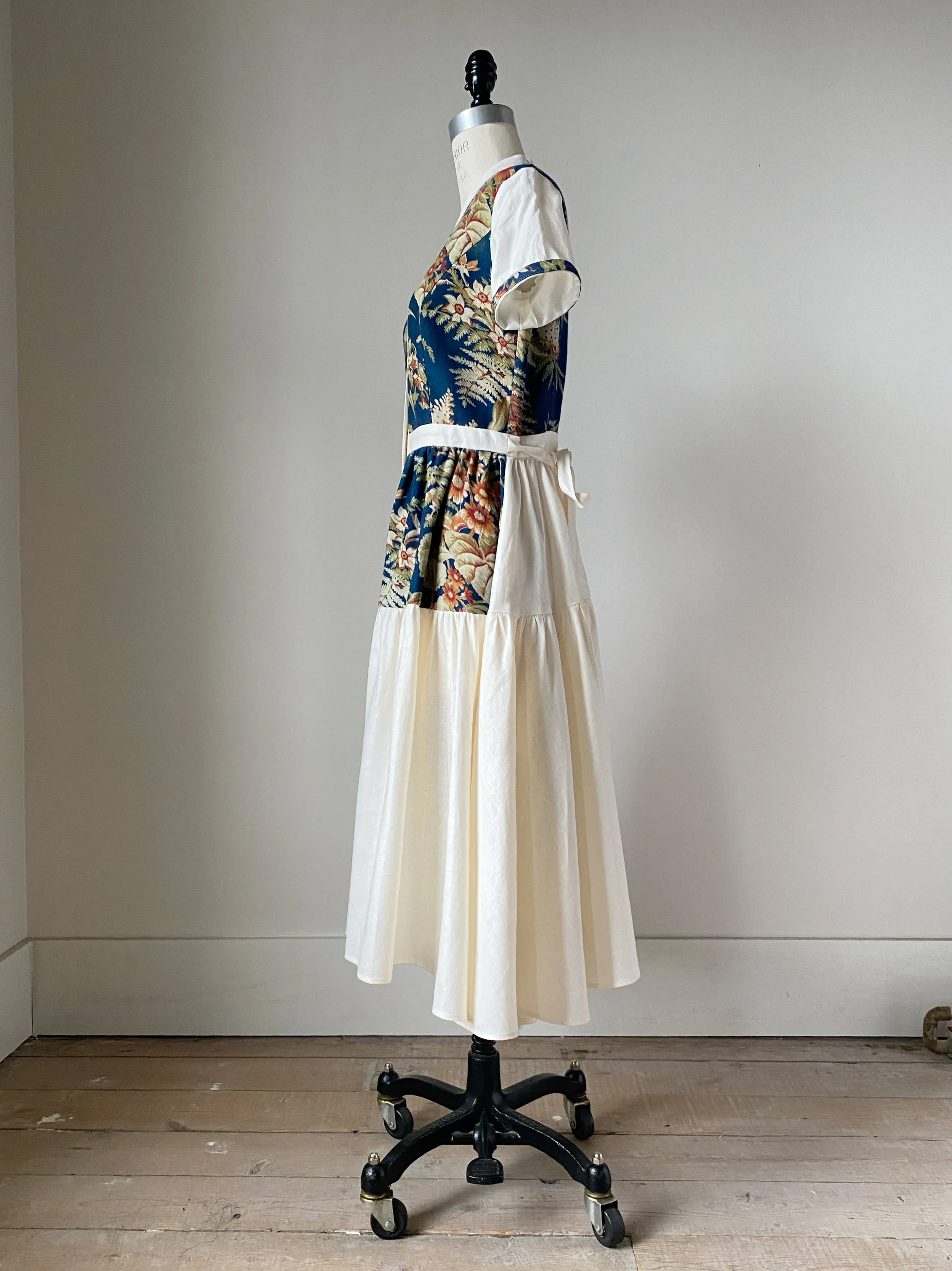 19th century blue botanical patched tiered dress xs,s,m,l
