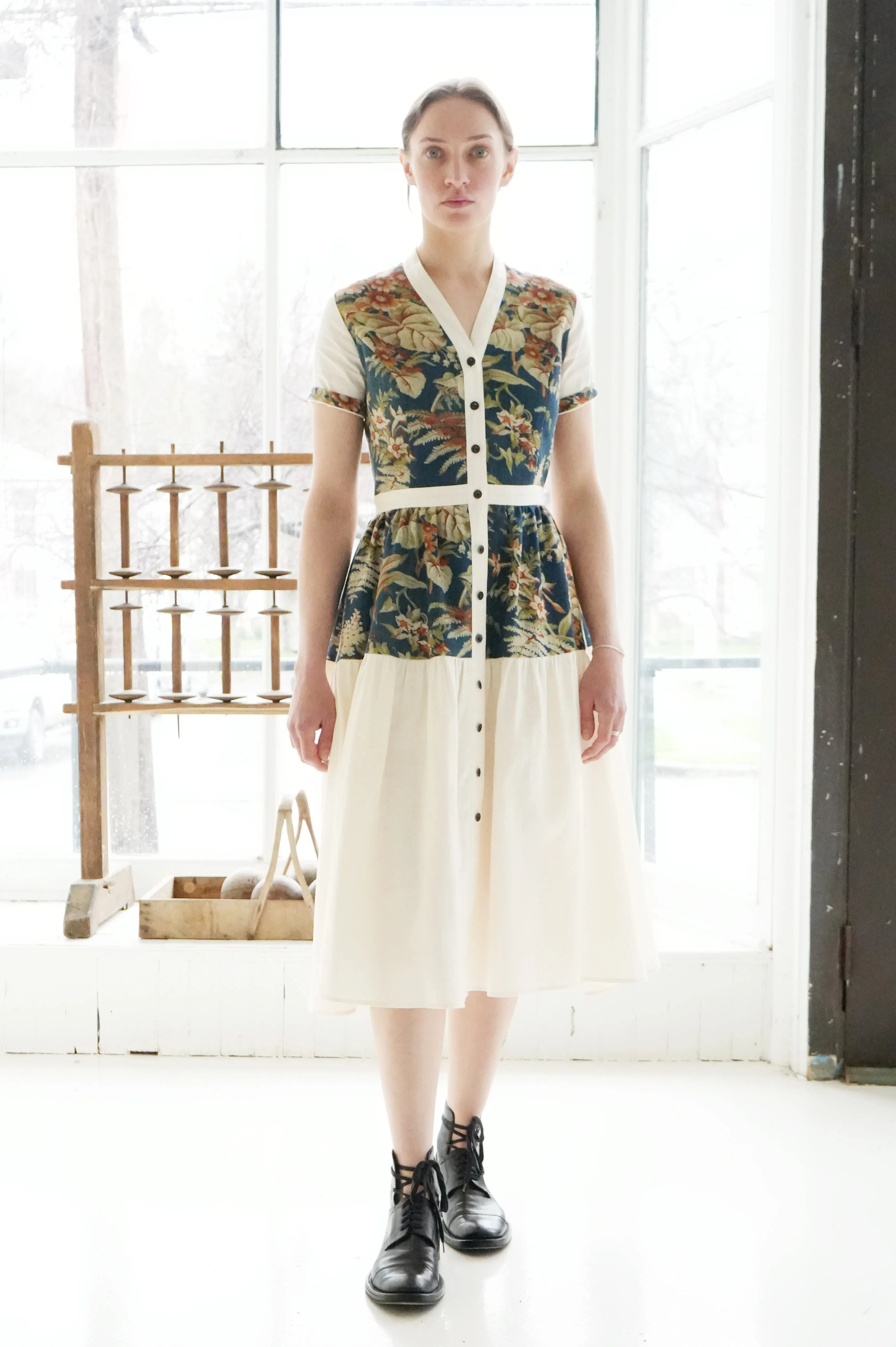 19th century blue botanical patched tiered dress xs,s,m,l