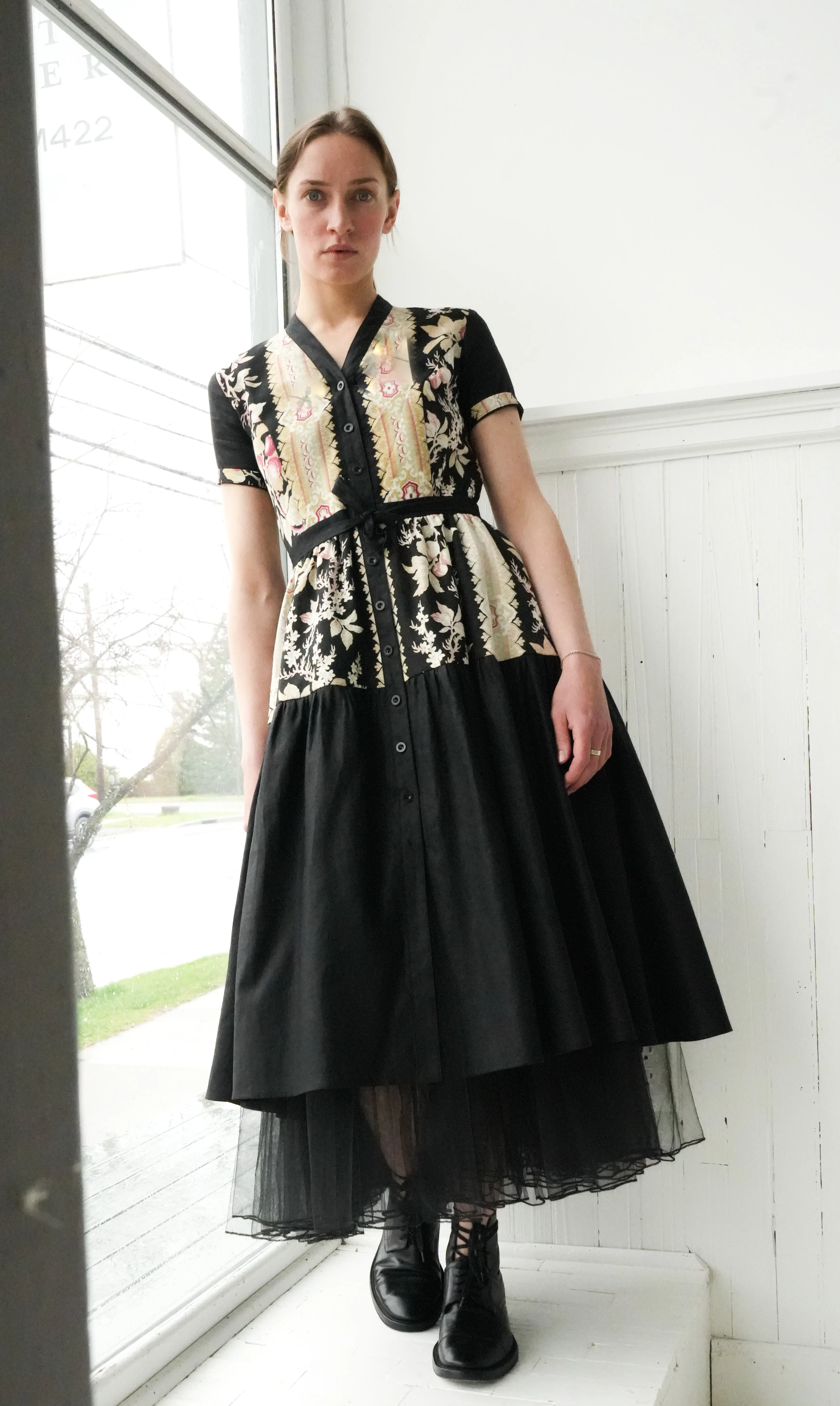 19th century floral stripe patched tiered dress xs,s,m,l