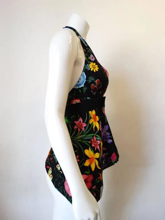 2000s Gucci Flora Silk Halter Blouse