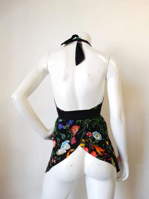 2000s Gucci Flora Silk Halter Blouse
