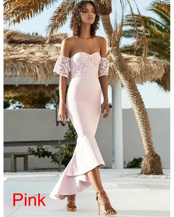 2019 Light Blue Cap Sleeve Lace Bridesmaid Dresses Mermaid Party Dress Ankle Length