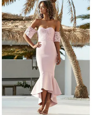 2019 Pink Cap Sleeve Lace Bridesmaid Dresses Mermaid Party Dress Ankle Length