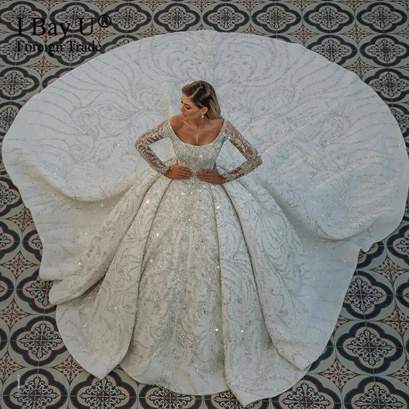 2021 Dubai Princess Luxury Wedding Dress with Full Beading Long Sleeve Stunning Black Brides Royal Wedding Gowns