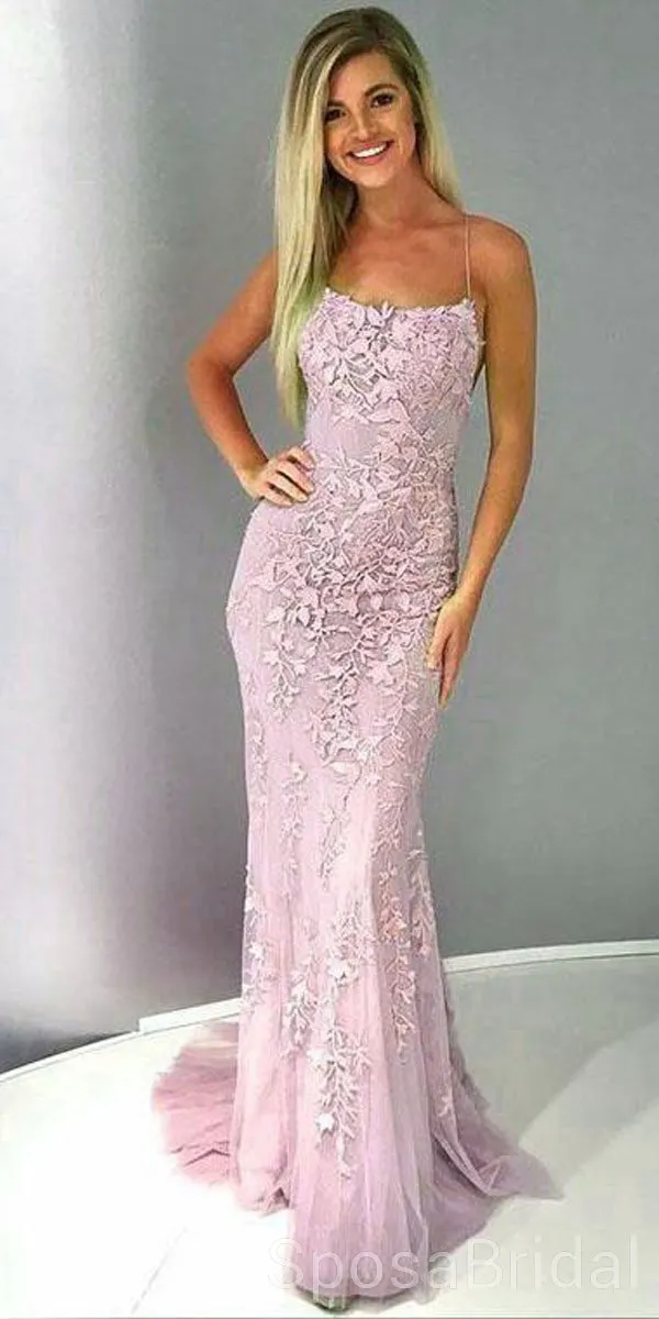 2021 Modest Spaghetti Strap Lace Mermaid Long Prom Dresses, Backless Formal Party Evening Dress, PD1270