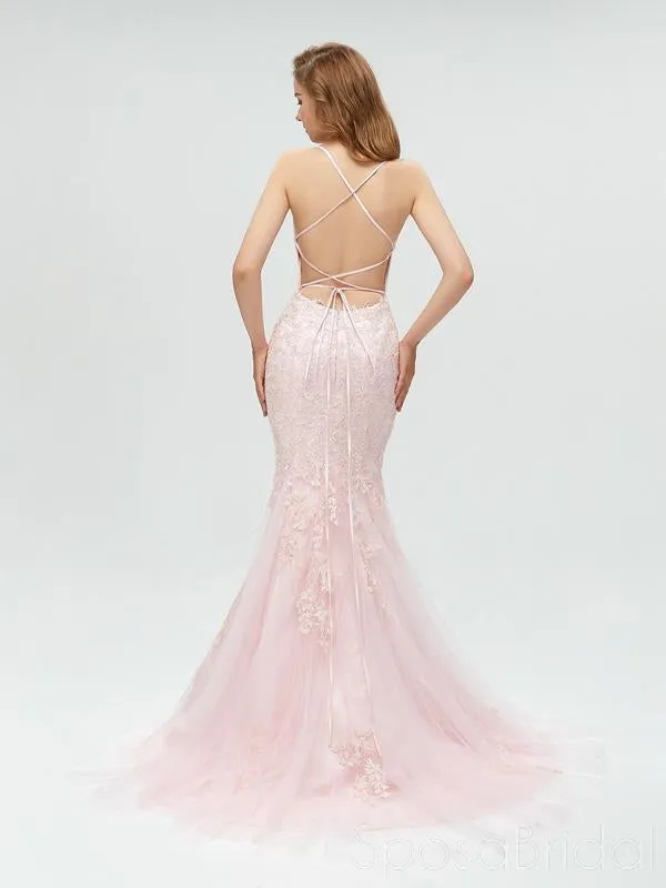 2021 Modest Spaghetti Strap Lace Mermaid Long Prom Dresses, Backless Formal Party Evening Dress, PD1270