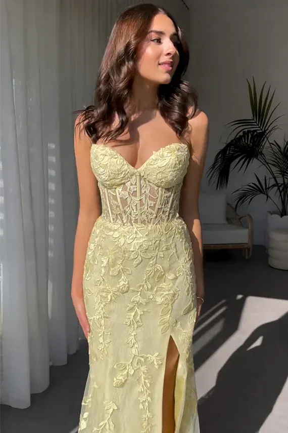 2024 Black Lace Prom Dresses Strapless Split Long Evening Dresses Mermaid