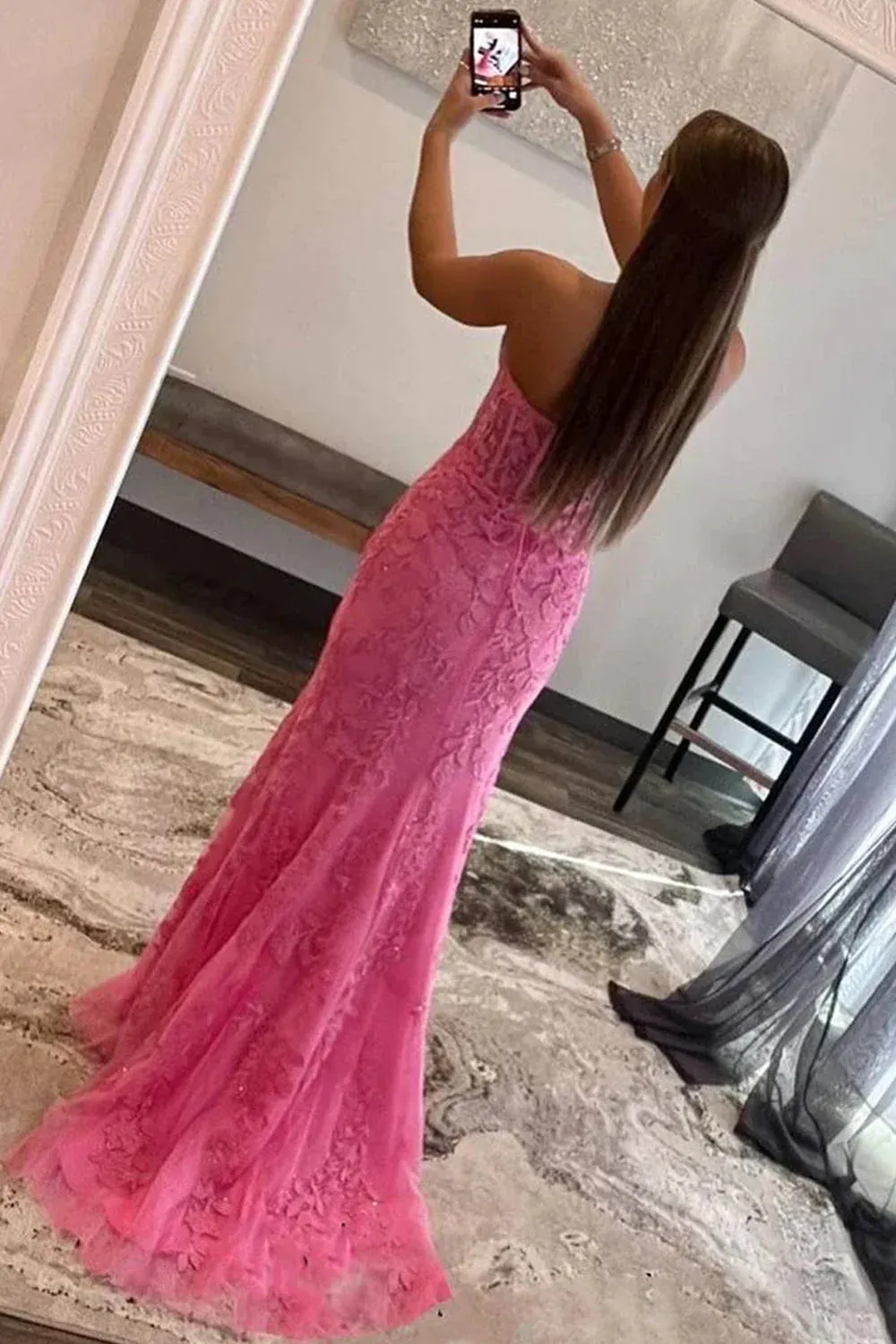 2024 Black Lace Prom Dresses Strapless Split Long Evening Dresses Mermaid