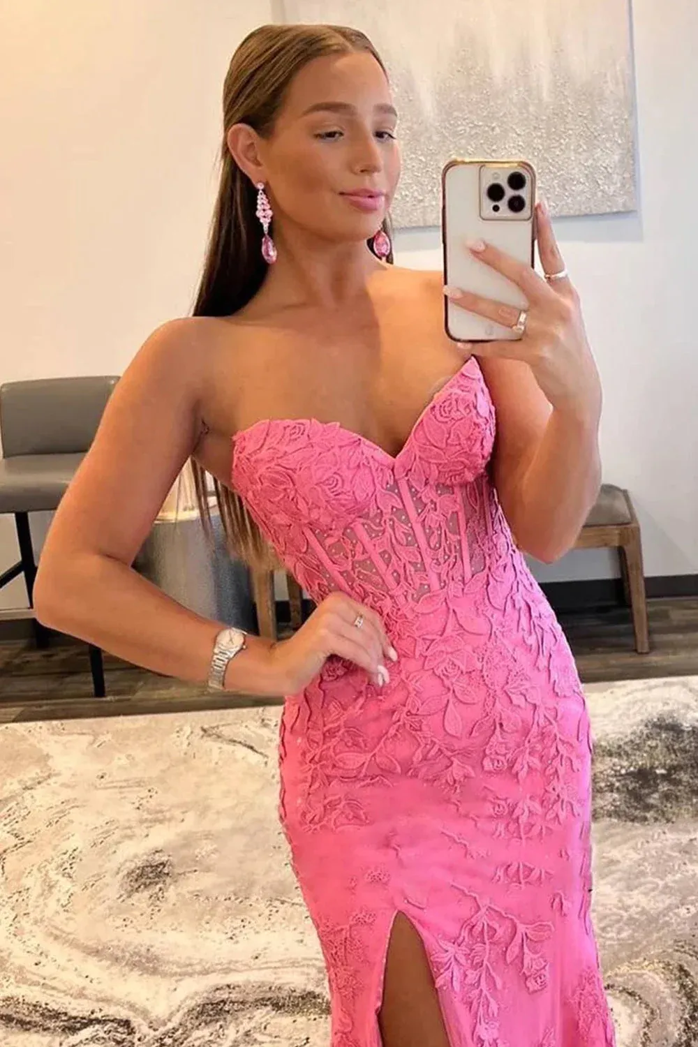 2024 Black Lace Prom Dresses Strapless Split Long Evening Dresses Mermaid