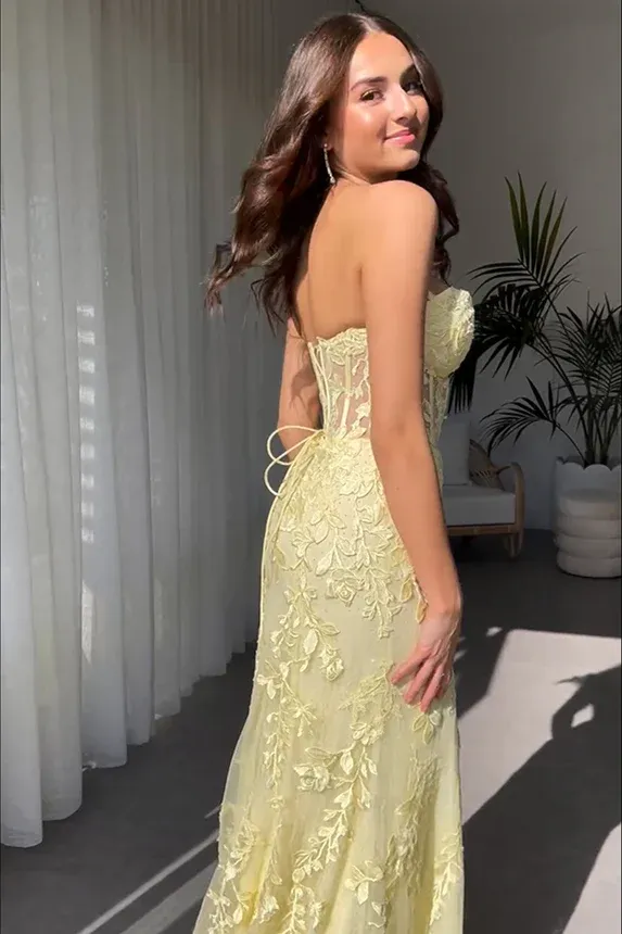 2024 Black Lace Prom Dresses Strapless Split Long Evening Dresses Mermaid