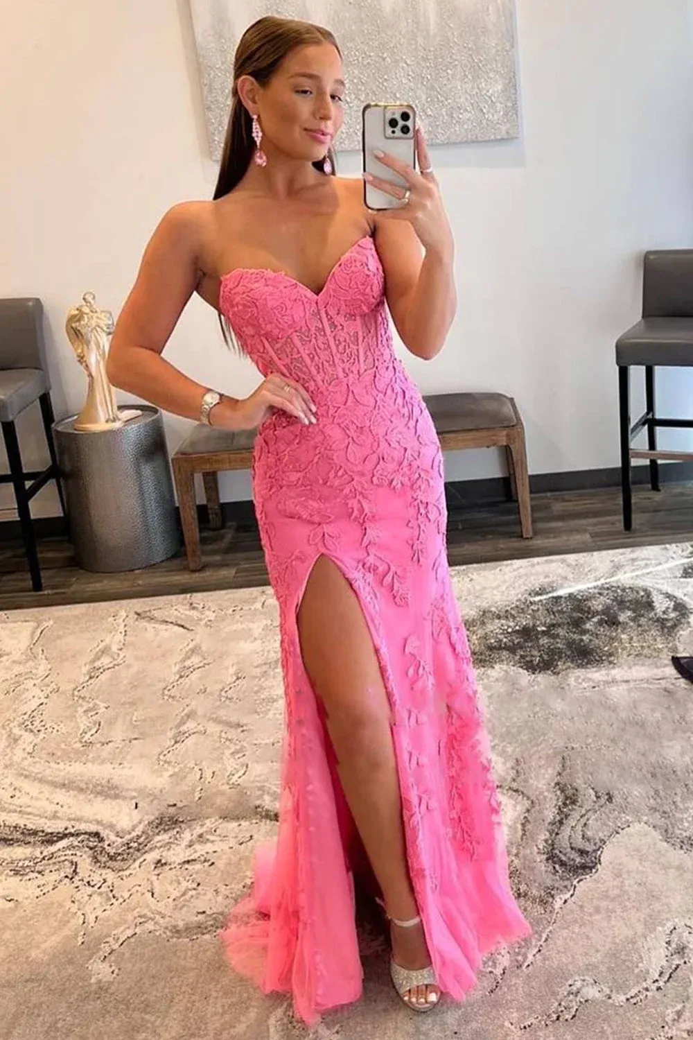 2024 Black Lace Prom Dresses Strapless Split Long Evening Dresses Mermaid