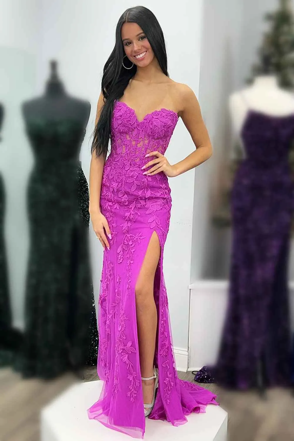 2024 Black Lace Prom Dresses Strapless Split Long Evening Dresses Mermaid