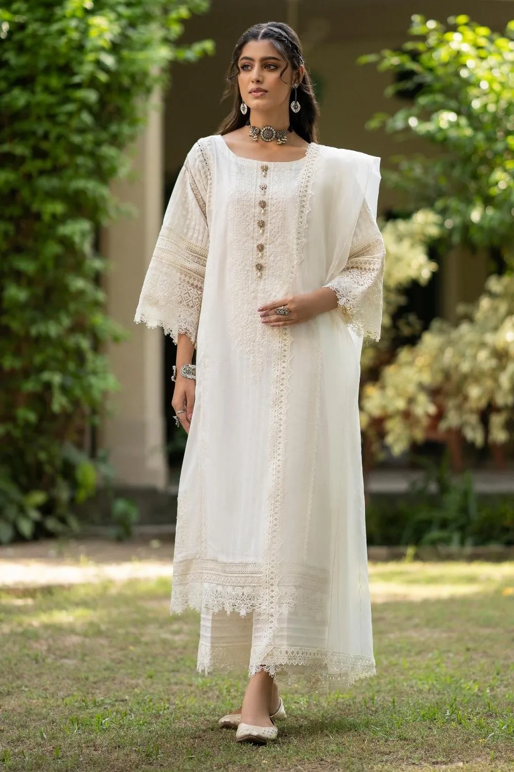 3PC Unstitched | Embroidered  Jacquard Shirt   Organza Dupatta   Trouser