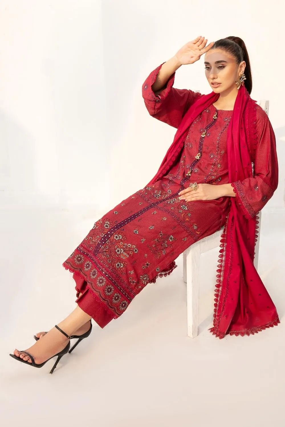 3PC Unstitched |Embroidered Karandi Shirt  Cotton Dobby Shawl  Trouser
