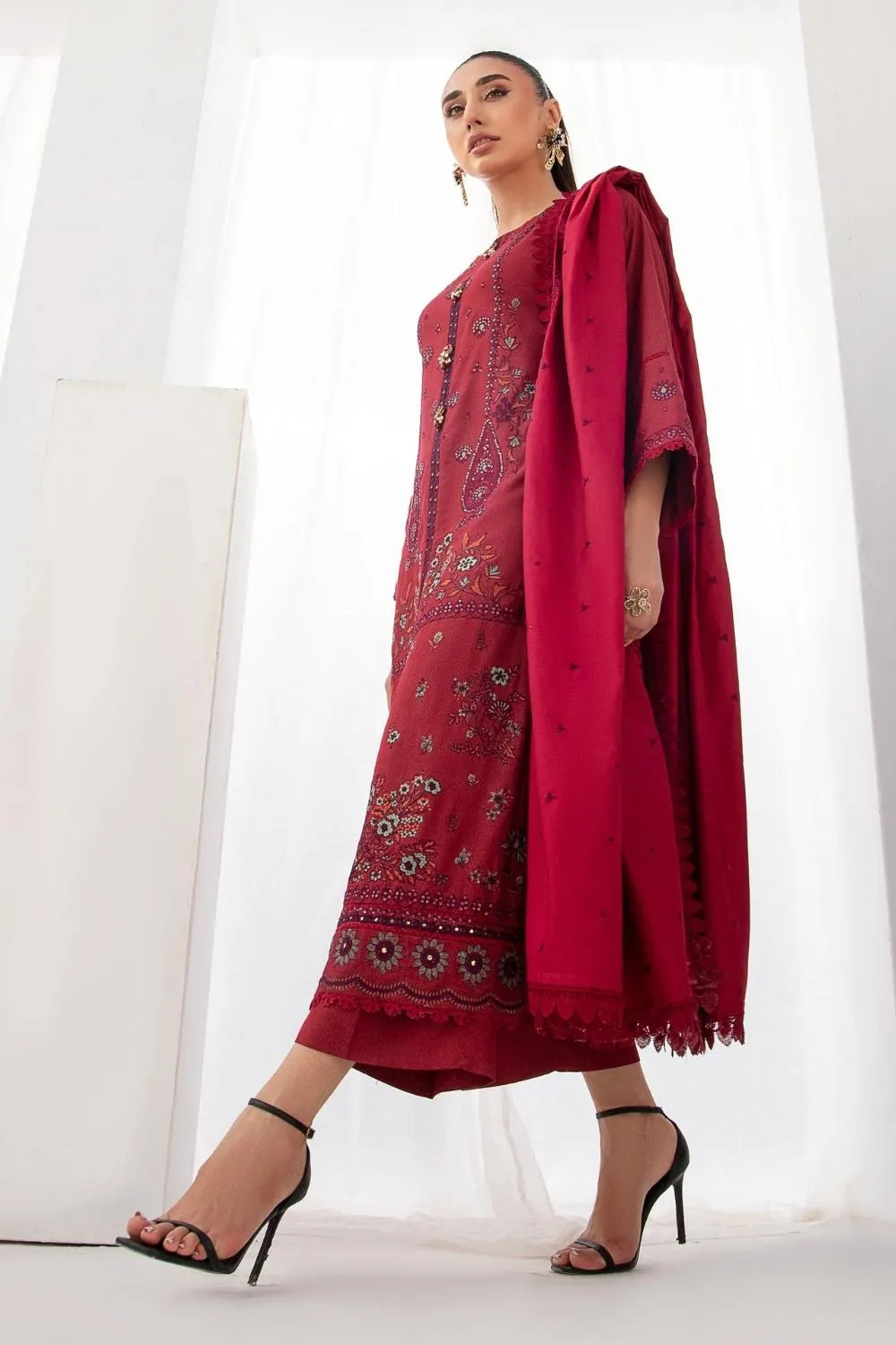 3PC Unstitched |Embroidered Karandi Shirt  Cotton Dobby Shawl  Trouser