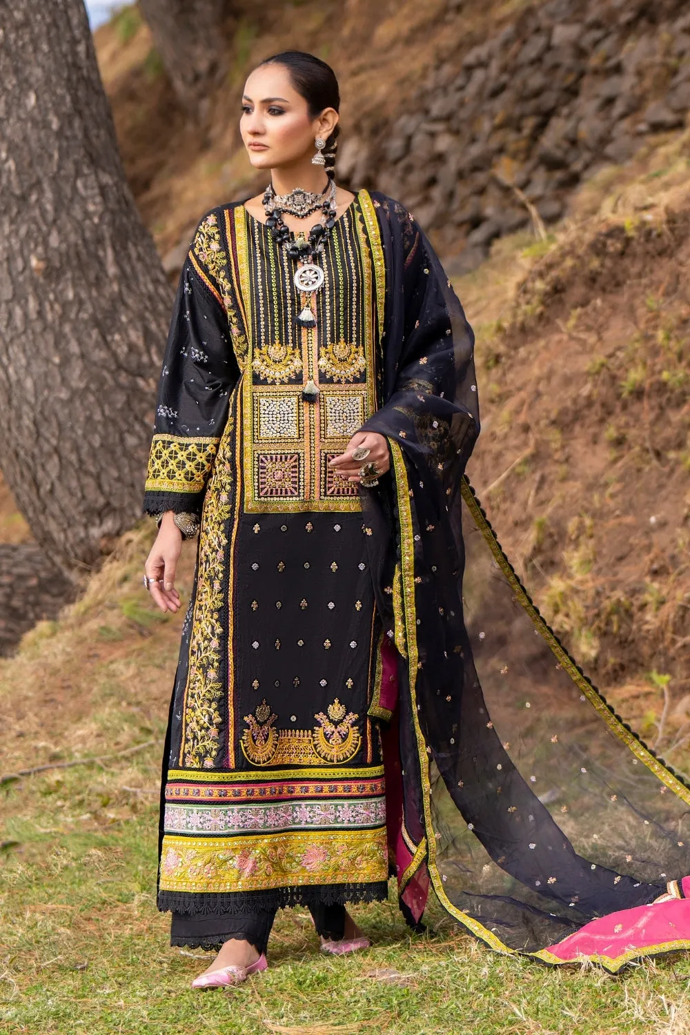 3PC Unstitched | Embroidered Lawn Suit | Organza Dupatta