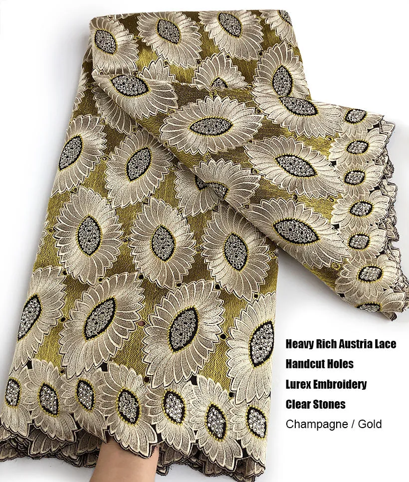 5 yards Heavy Rich Austria lace Highest Quality African gold Lurex Handcut cotton fabric Ghana traditional Couple Celebrant wear