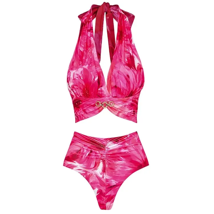 84Volt  Floral Printed Halter Bikini Swimsuit Set - As shown / S