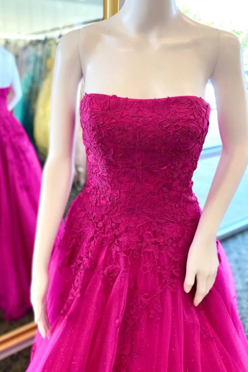 A-Line 2025 Burgundy Lace Prom Dresses Strapless Appliques Long Formal Dress
