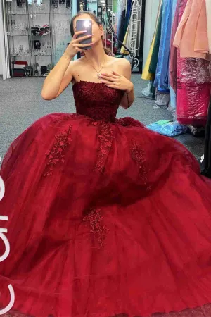 A-Line 2025 Burgundy Lace Prom Dresses Strapless Appliques Long Formal Dress