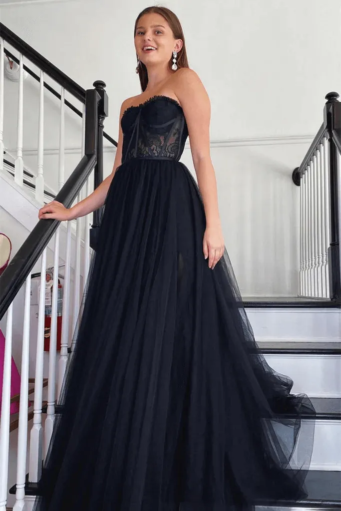 A Line Black Lace 2025 Prom Dress Tulle Strapless Long Formal Dresses UK