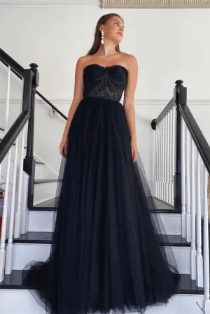 A Line Black Lace 2025 Prom Dress Tulle Strapless Long Formal Dresses UK