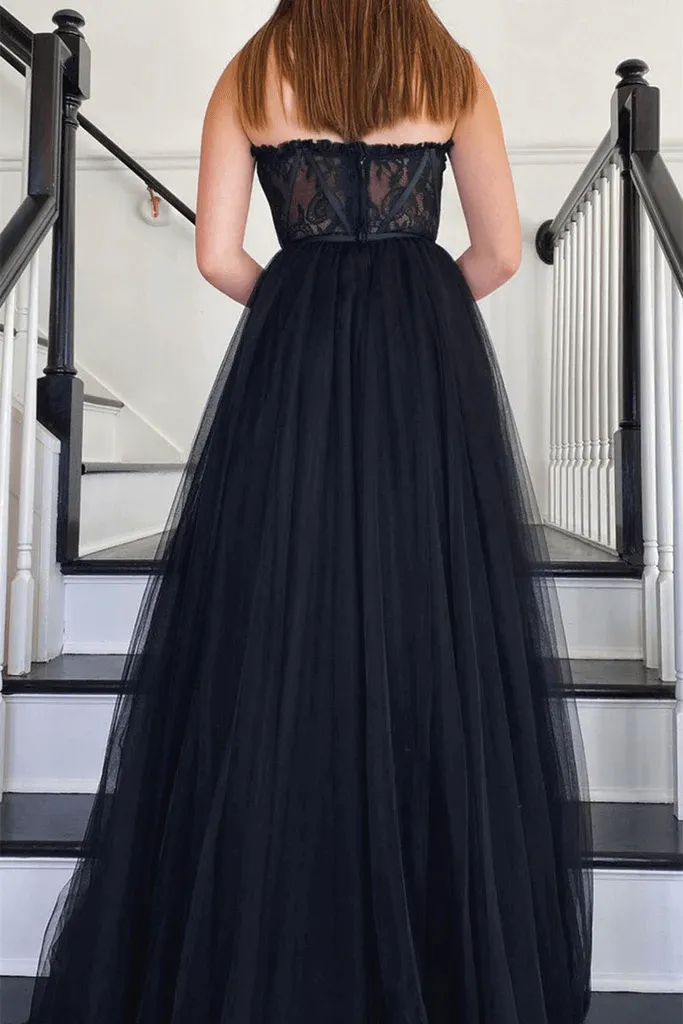 A Line Black Lace 2025 Prom Dress Tulle Strapless Long Formal Dresses UK