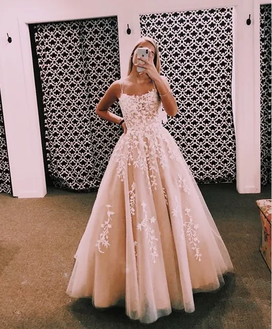A Line Champagne Lace Prom Dresses Long Evening Gown