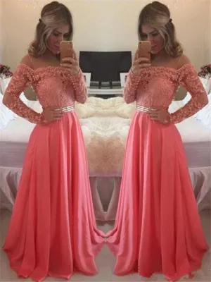 A Line Floor Length Long Sleeves Coral Lace Prom Dress, Coral Lace Bridesmaid/Formal Dresses