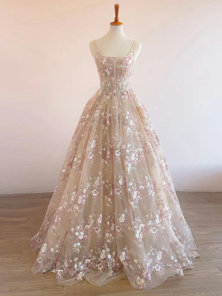 A-Line Lace  Champagne Long Prom Dress, Champagne Long Evening Dress