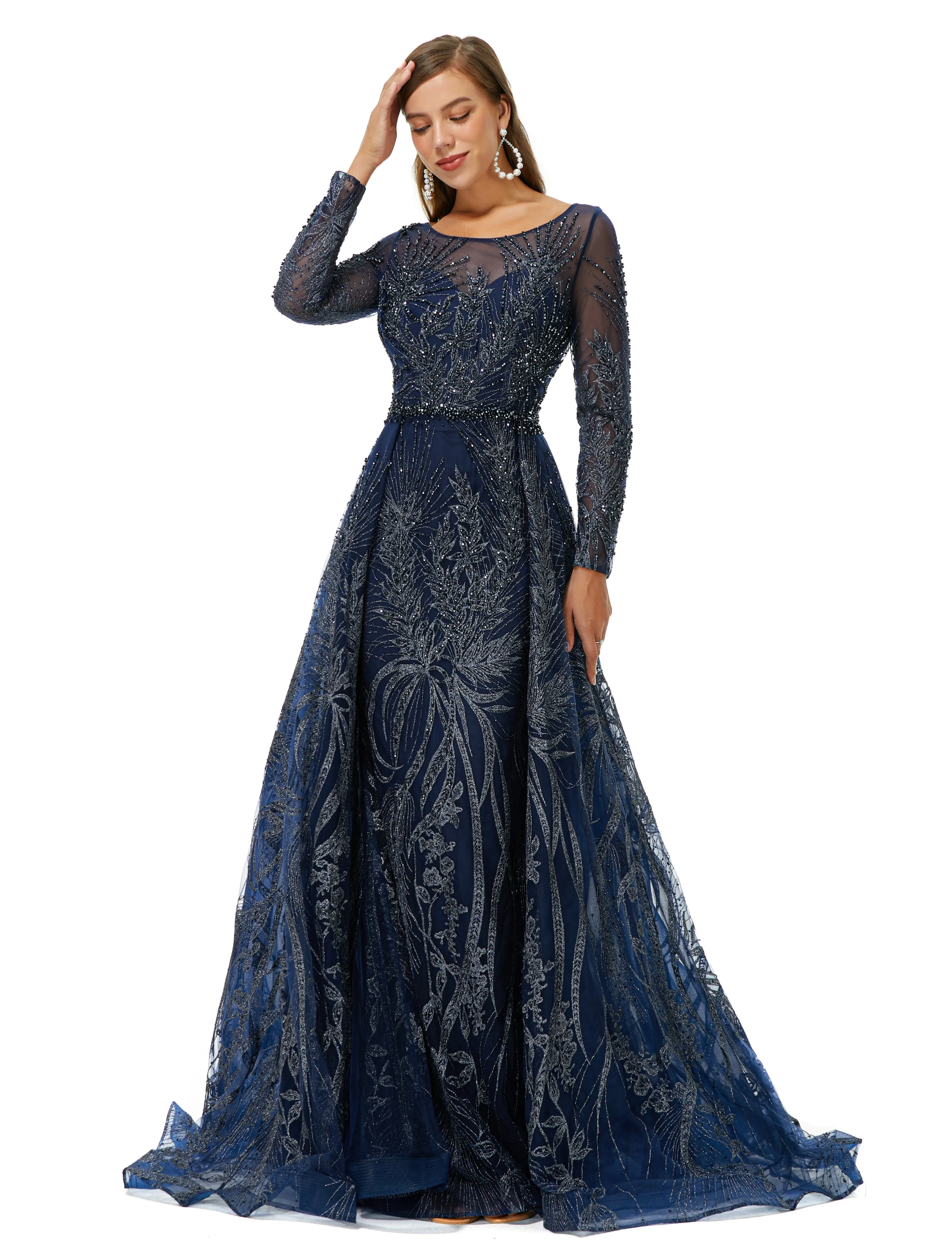 A-line Round Floor-length Long Sleeve Appliques Lace Beaded Prom Dress