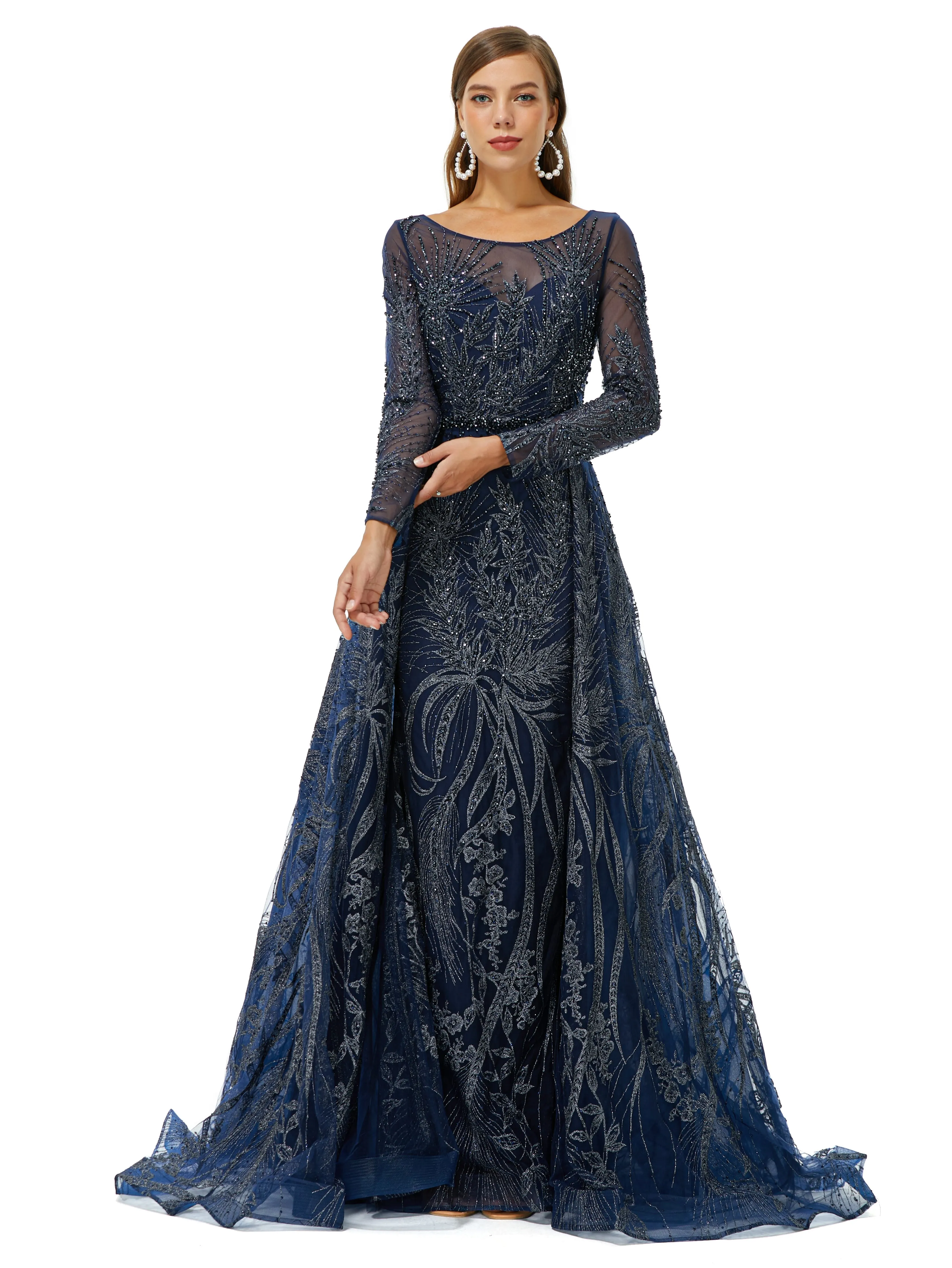 A-line Round Floor-length Long Sleeve Appliques Lace Beaded Prom Dress