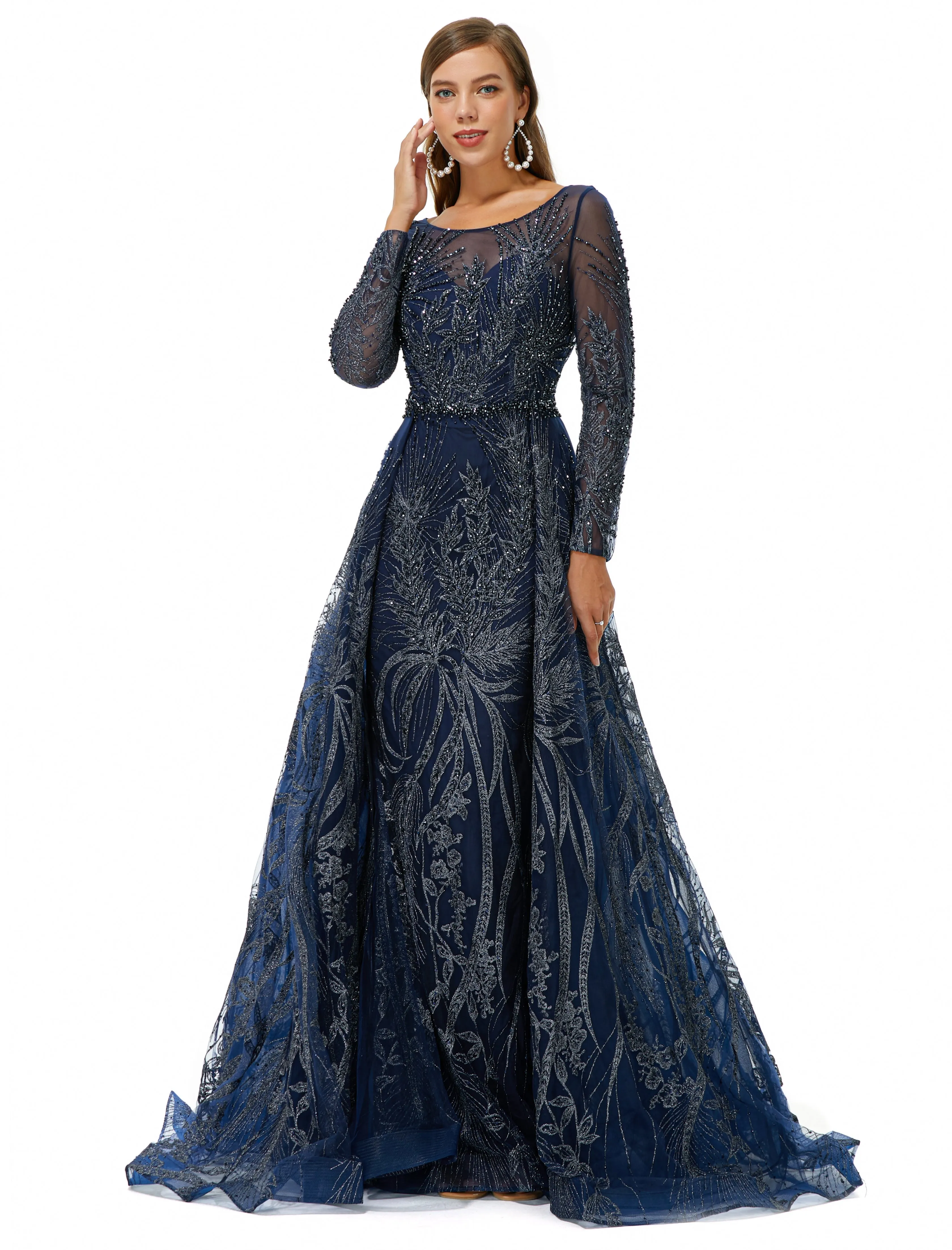 A-line Round Floor-length Long Sleeve Appliques Lace Beaded Prom Dress