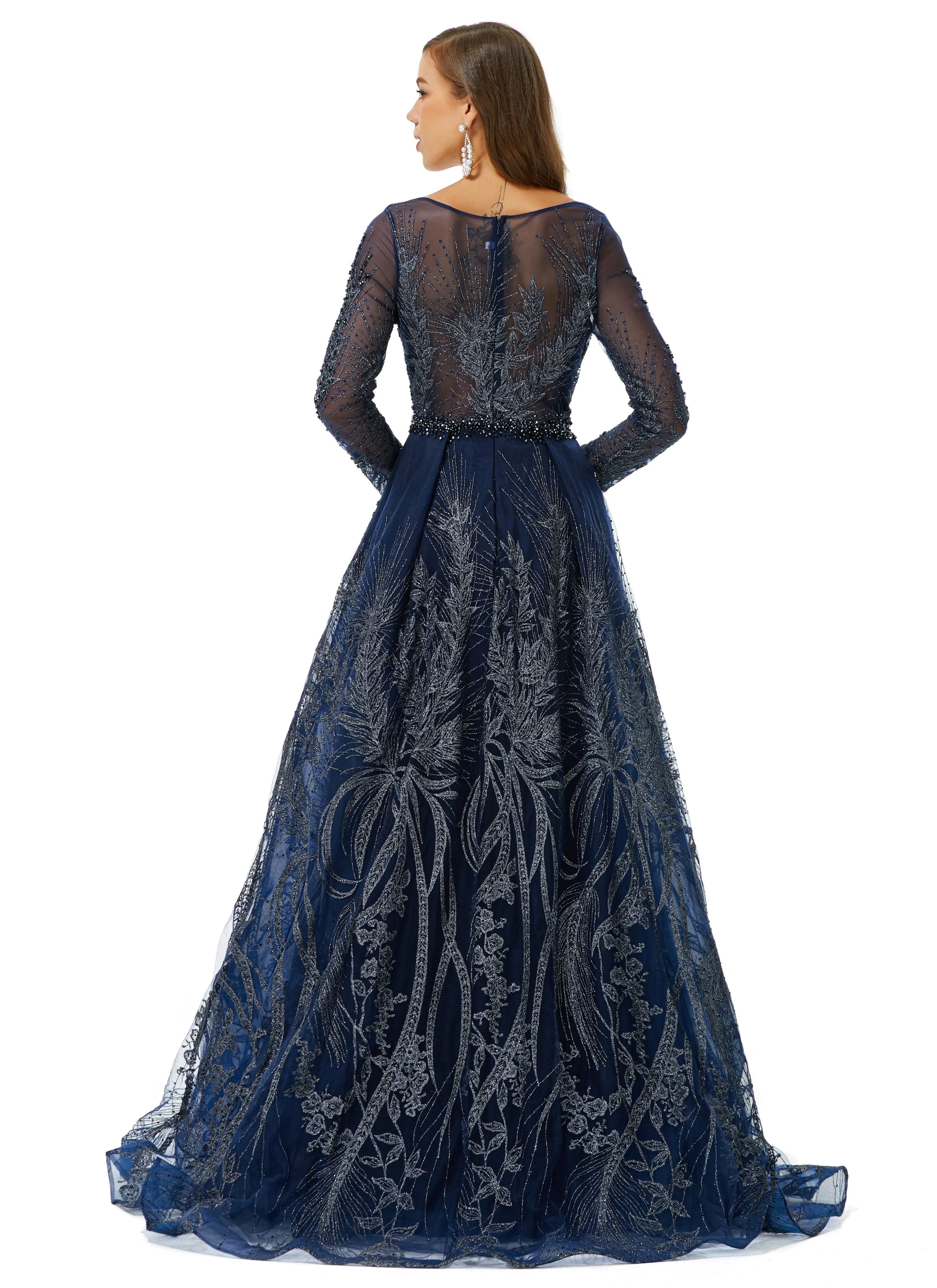 A-line Round Floor-length Long Sleeve Appliques Lace Beaded Prom Dress