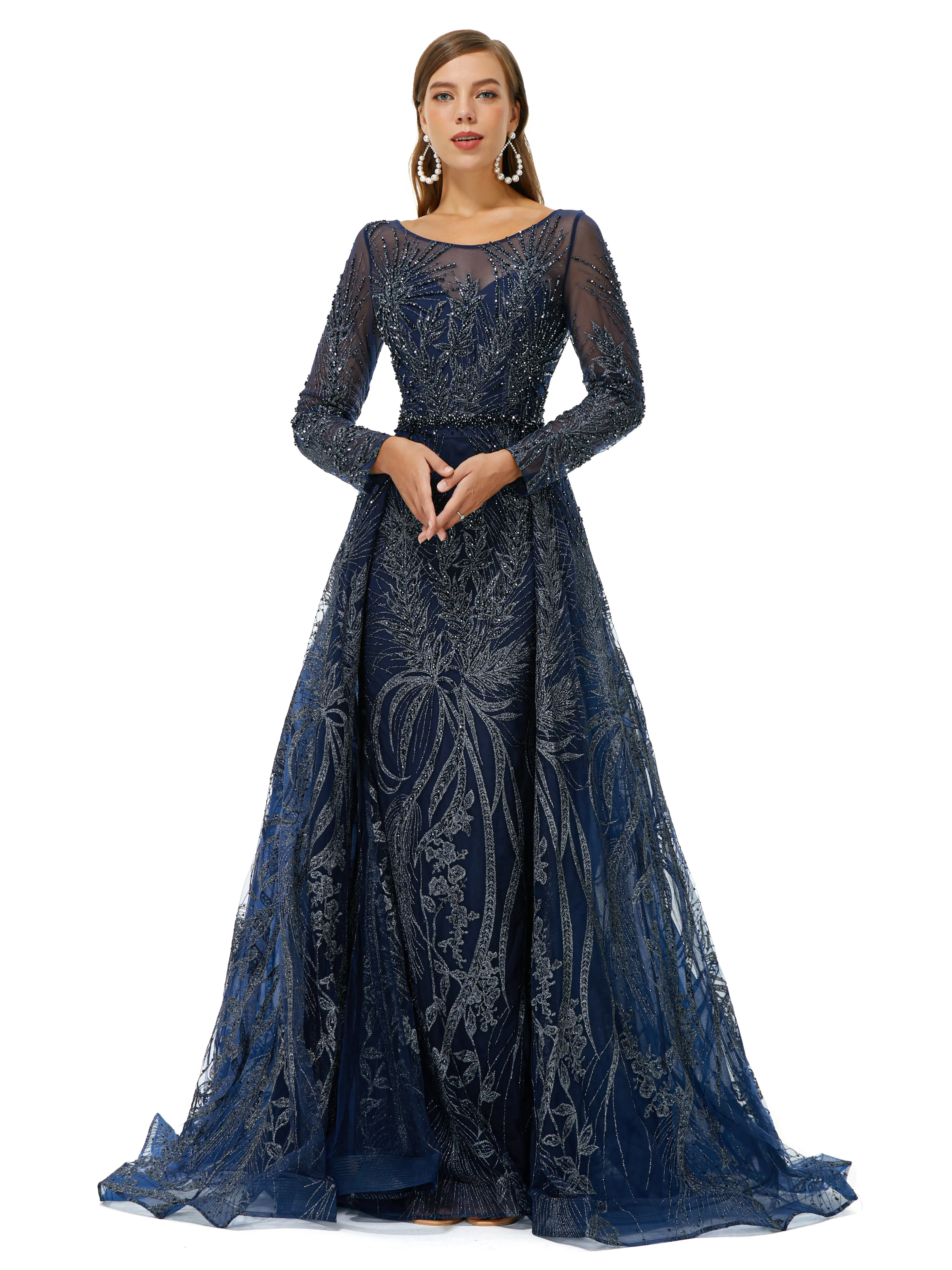 A-line Round Floor-length Long Sleeve Appliques Lace Beaded Prom Dress
