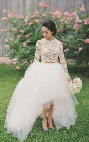 A-Line Short High Neck Jewel Long Sleeve Bell Zipper Tulle Lace Dress-713447