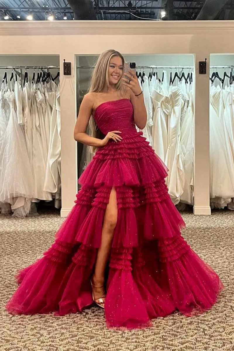 A-line Strapless Tulle Long Prom Dresses with Tie Ruffles
