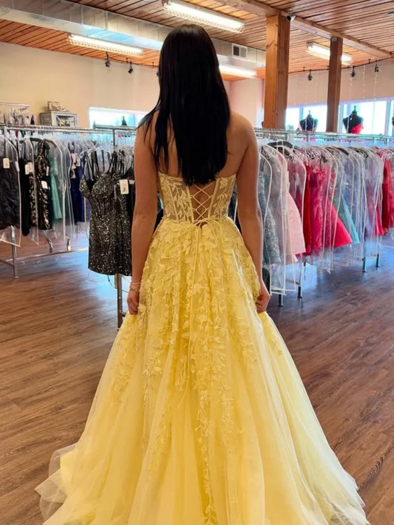 A Line Strapless Yellow Lace Long Prom Dresses, A Line Strapless Yellow Lace Long Formal Graduation Evening Dresses