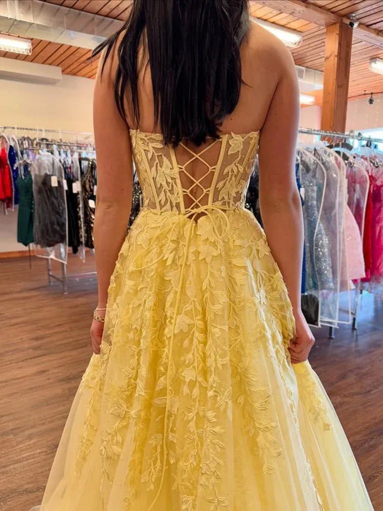 A Line Strapless Yellow Lace Long Prom Dresses, A Line Strapless Yellow Lace Long Formal Graduation Evening Dresses