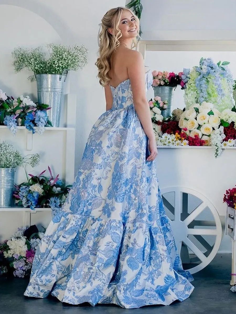 A-line Sweetheart Floral Printed Long Prom Dresses