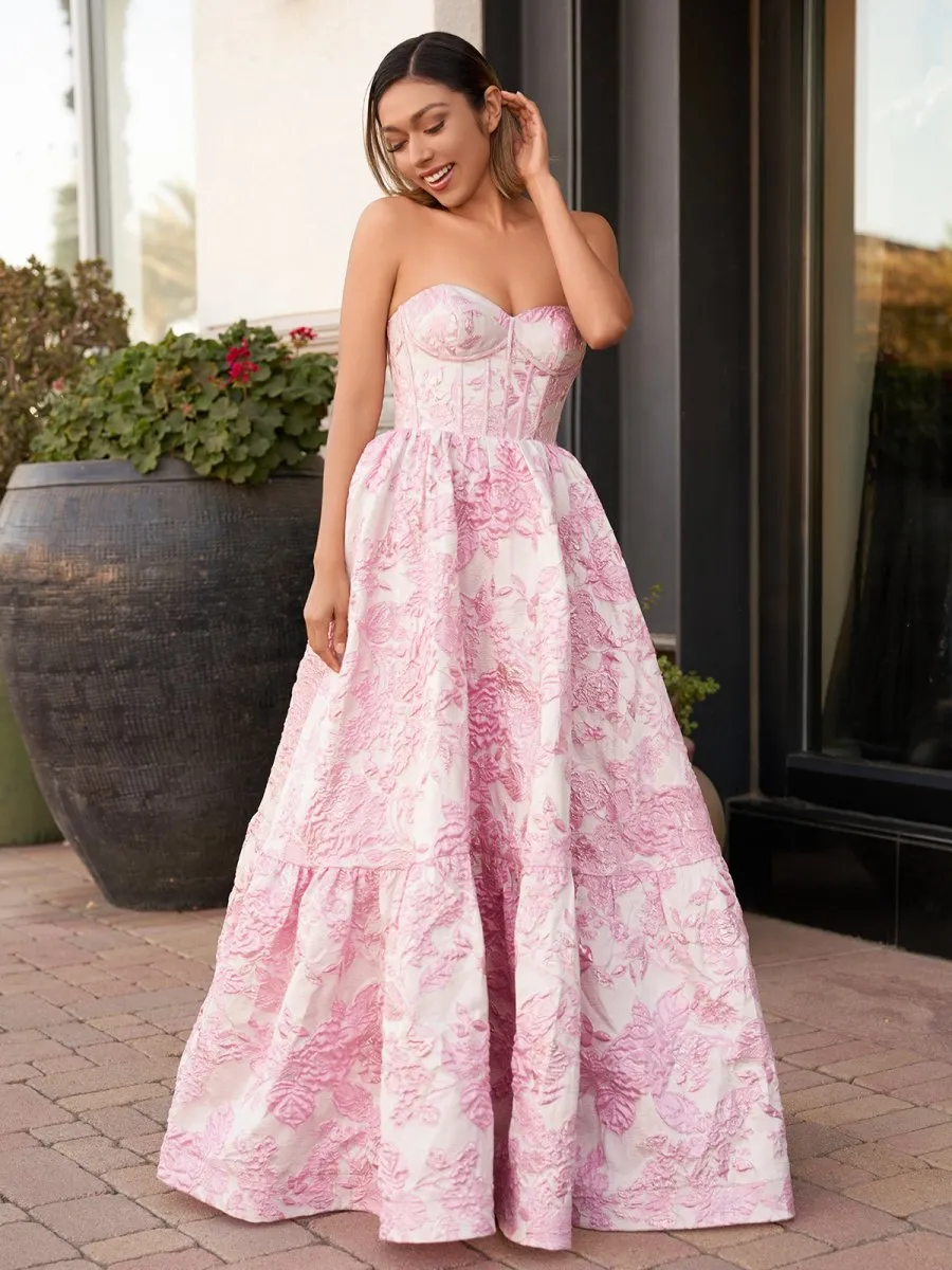 A-line Sweetheart Floral Printed Long Prom Dresses