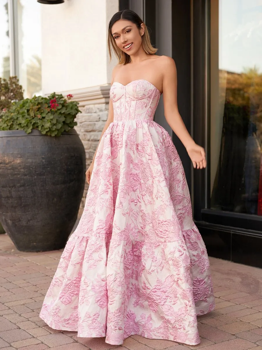 A-line Sweetheart Floral Printed Long Prom Dresses
