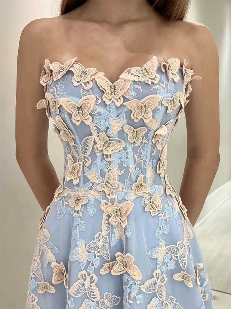 A-Line Sweetheart Neck Tulle Lace Blue Long Prom Dress, Blue Long Formal Dress