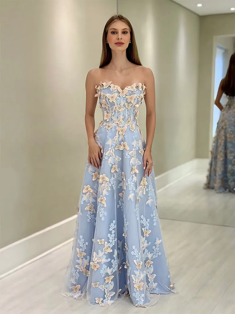 A-Line Sweetheart Neck Tulle Lace Blue Long Prom Dress, Blue Long Formal Dress
